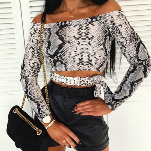 Women's Fashion Tops and Blouses Snakeskin Print Off Shoulde