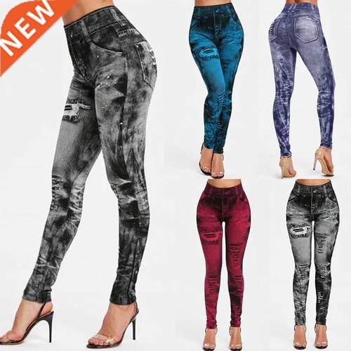2021 New Women Gym Leggings Faux Denim Jeans Leggings Pocket