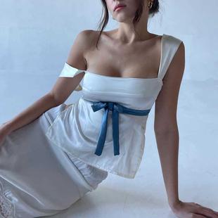 Hollow Out Satin Tank Tops Women Backless Bandage Top Vest