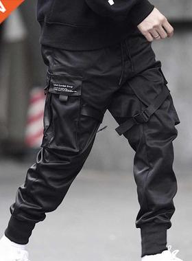 Men's Cargo Harem Pants Ribbons Black Side Pockets H