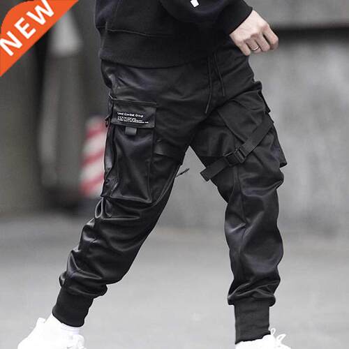 Men's Cargo Harem Pants Ribbons Black Side Pockets H