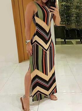 Colorful Striped Print Side Slit Maxi Dress Women Colorblock