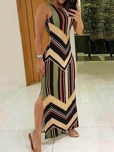 Colorful Striped Print Side Slit Maxi Dress Women Colorblock