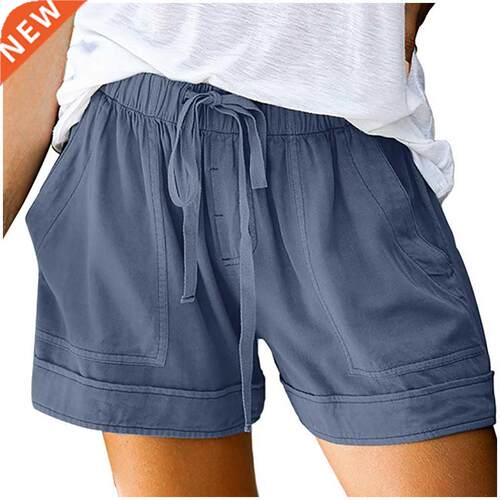 Women shorts Comfy Drawstring Splice Casual Elastic Waist Po