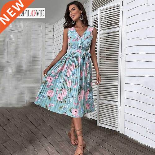 WOFLO Summer Woman Flower Print Beach Dress Party Elegan