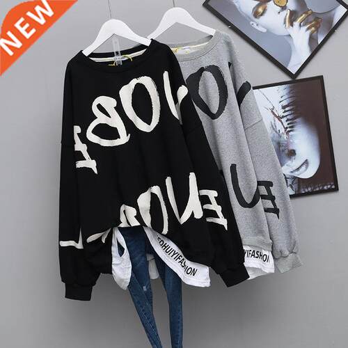 QWEEK Letter Print Crewneck Sweatshirt Women Spring Coat Ove