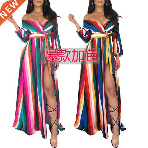 2021新款女士条纹性感连衣裙Women's long sexy striped dress