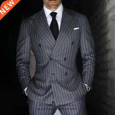 Classic Dark Gray Striped Mens Suits Slim Fit Business Blaze