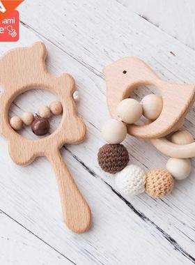 1Set Baby Toys Music Rattle Wood Crochet Bead Bracelet Woode