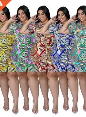 5XL lge size summer printed shirt dress with short sleeves