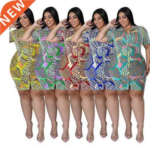 5XL lge size summer printed shirt dress with short sleeves