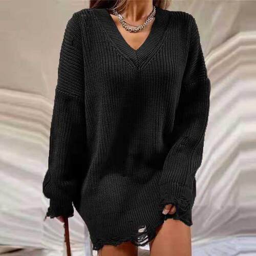 Casual Women's Solid Color Knitted Ladies Sweater V-neck Loo