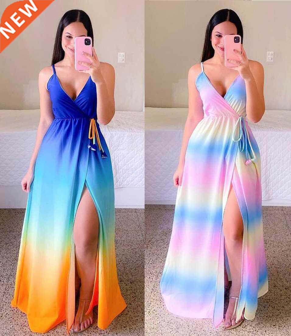 Color skirt summer strap blue chiffon beach women dress图片