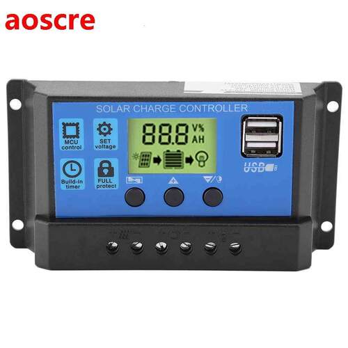 10/20/30A Auto Solar Charge Controller 12V 24V Dual USB LCD