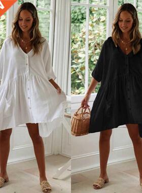 Bikini Cover Up Loose Swimwear Cotton Swimsuit Beach Dress W