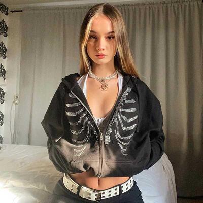 Y2K Rhinestone Hoodies Women Skeleton Gothic Black Zip Up Ov