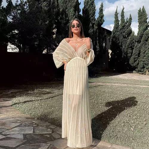 women's long shawl dress wish爆款v领披肩袖长款连衣裙