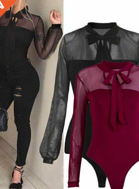 Women Bow Collar Elegant Bodysuit Shirts Tops Mesh Sheer Lon