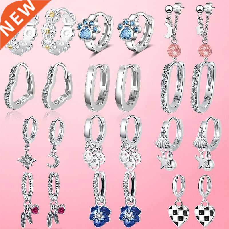 925 Silver Hoop Earrings Silver Footprint Dolphin Geometry H