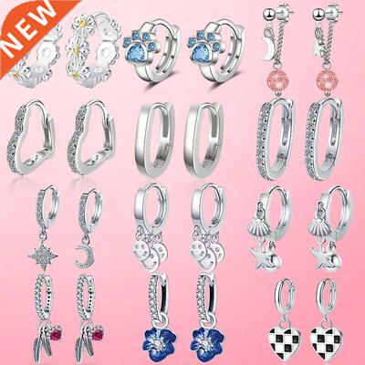 925 Silver Hoop Earrings Silver Footprint Dolphin Geometry H