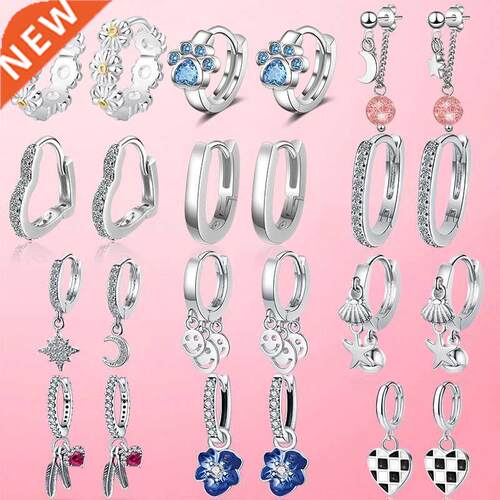 925 Silver Hoop Earrings Silver Footprint Dolphin Geometry H