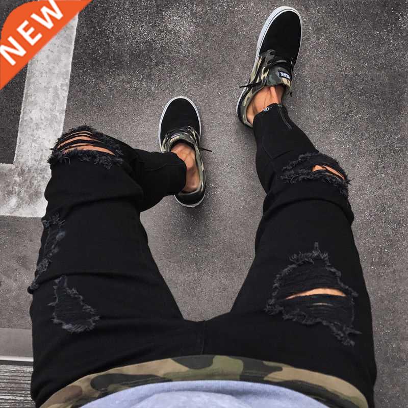 Fashion Mens Cool Designer Black Ripped Skinny Jeans Destroy