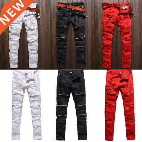Men Skinny Sretch Denim Ripped Pants Disressed Ripped Freyed
