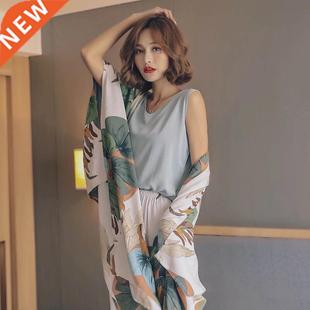 Autumn Ladies Pajama Set Cotton Satin 4Pcs Set Cdigan+Vest