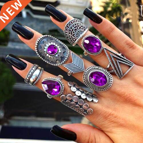 Tocona 9pcs/sets Purple Rhinestone Vintage Silver Color Ring