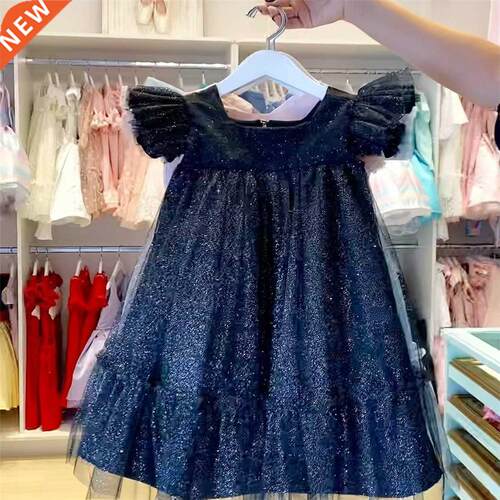 Sequins Girls Summer Dress Ruffle Short Sleeve Big Bow Kids