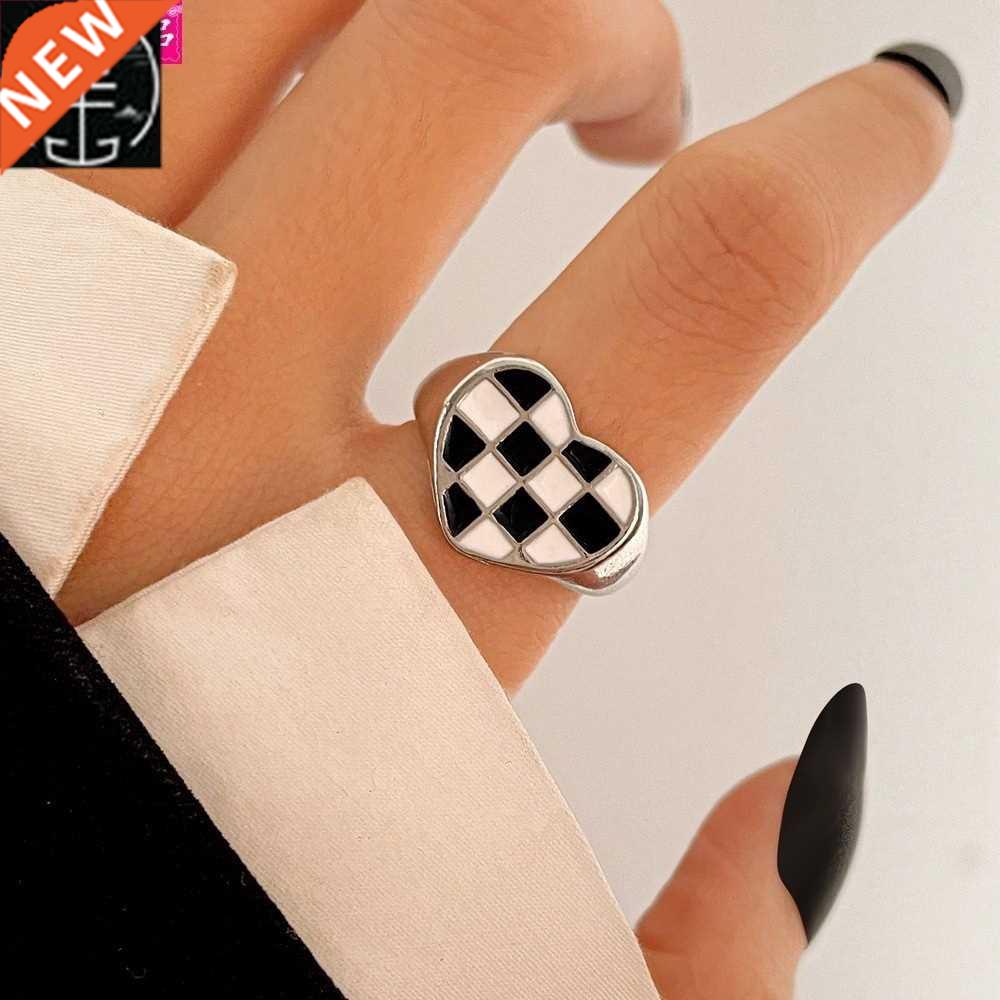 ins style black white grid love ring sweet index finger ring