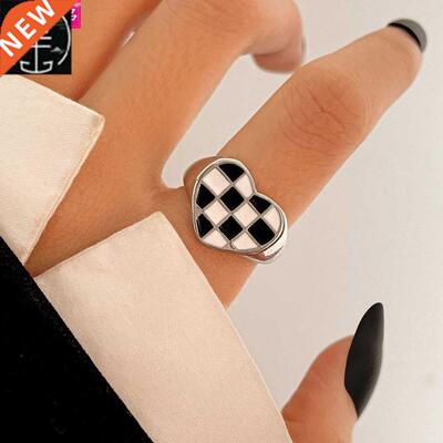 ins style black white grid love ring sweet index finger ring