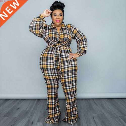 345xl Plaid printed spring jumpsuit for ladies大码格子连体裤