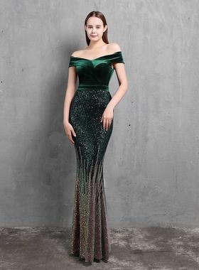 XUCTHHC Slash Neck Full Evening Dress Elegant Velour Patchwo