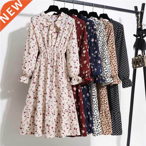 2022 Floral Print Women Dress Female Autumn Long Sleeve Vint