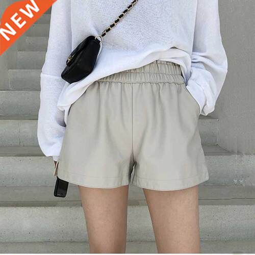 Khaki PU Leather Shorts Women High Quality Wide Leg Faux Lea