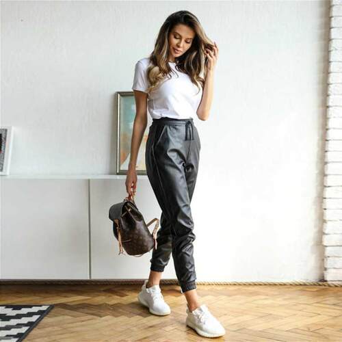 Fashion PU Pants For Women Full Length Pencil Pants Faux Lea