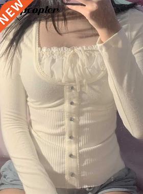 Rapcopter Y2K Sweet Cute Crop Top Lace Frill Bow Pullovers V