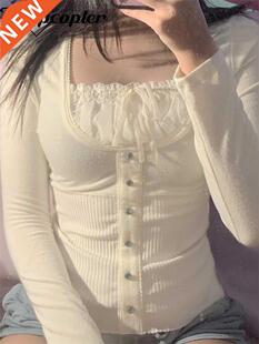 Rapcopter Y2K Sweet Cute Crop Top Lace Frill Bow Pullovers V