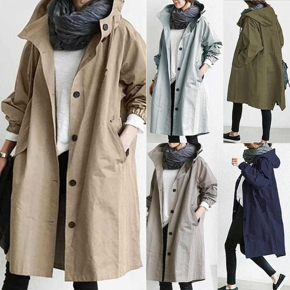 2020 Women Autumn Solid Color Pocket Hooded Windbreaker Long