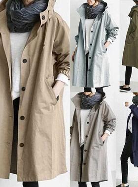 2020 Women Autumn Solid Color Pocket Hooded Windbreaker Long
