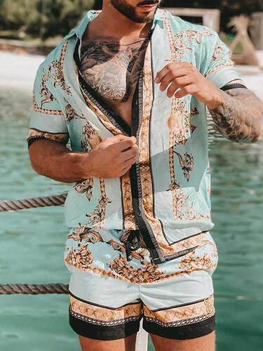 Hawaiian Set Mens Printing Set Short Sleeve Summer Casual Fl