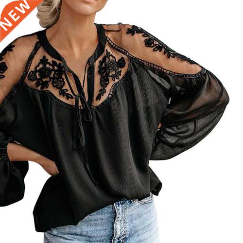 Sexy Lace Mesh Shirt Embroidery Patchwork Women Casual Long
