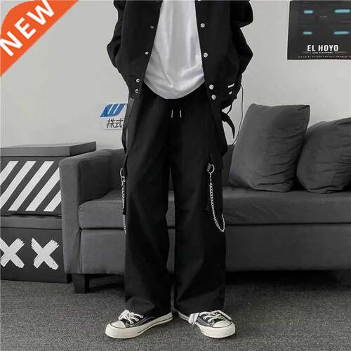 Goth Punk Black Cargo Pants With Chain Sreetwear Men Wide Le