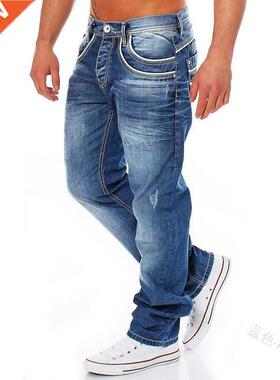 WEPBEL Men Fashion Casual Straight Long Denim Pants Vintage