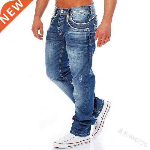 WEPBEL Men Fashion Casual Straight Long Denim Pants Vintage