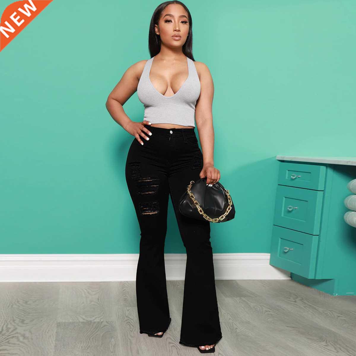 2022 New women's ripped micro-flared jeans大码喇叭女士牛仔裤