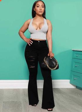 2022 New women's ripped micro-flared jeans大码喇叭女士牛仔裤