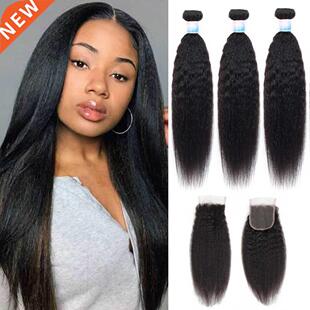 EMOL Kinky Straight Hair With Closure Yaki Straight Human Ha