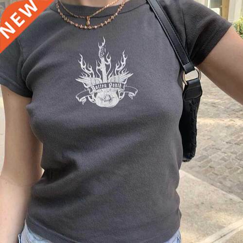 Vintage Graphic Print T Shirt Women Streetwear Round Neck Sh